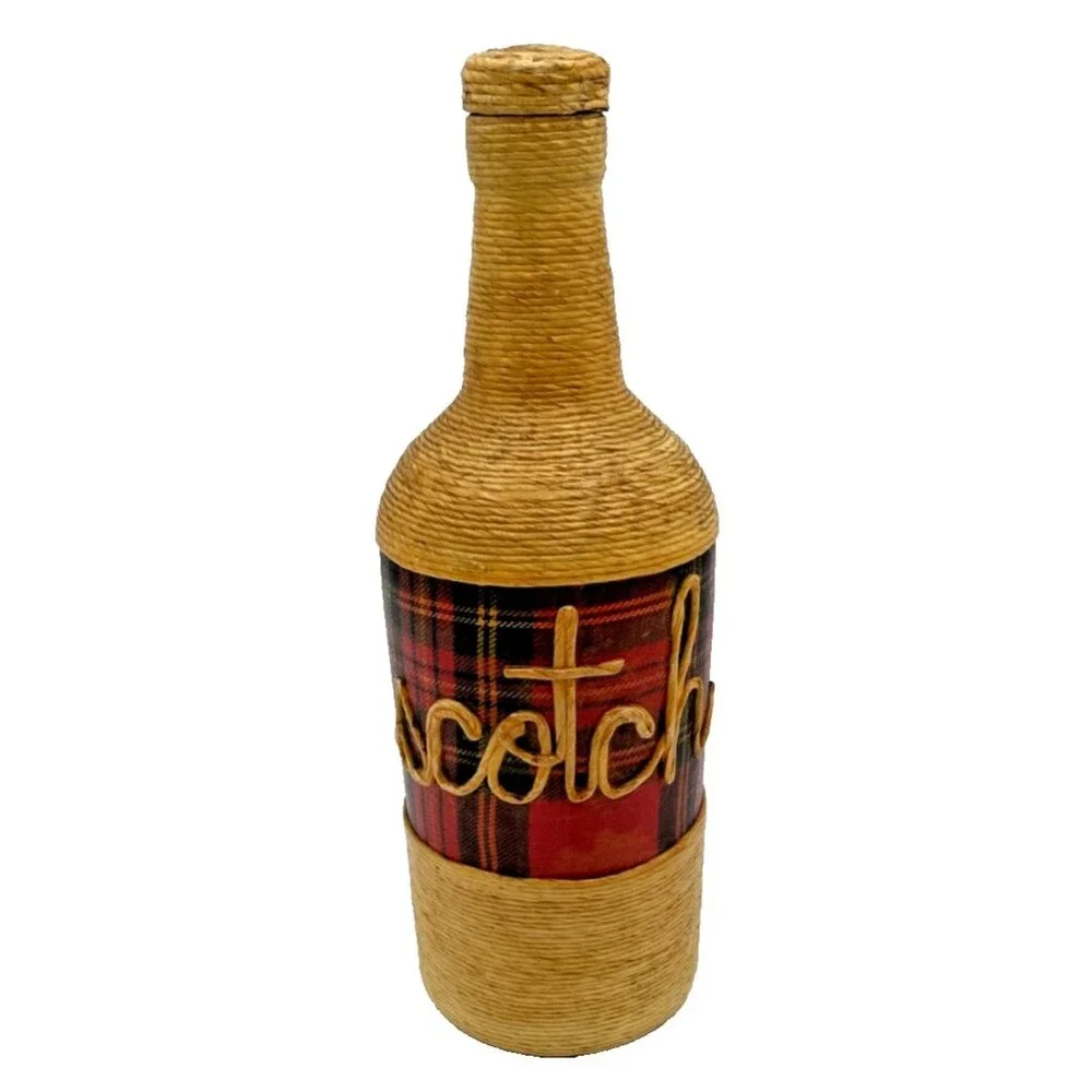 Vintage Wicker Wrapped Scotch Liquor Bottle Tartan Plaid Fine Jute Twine Rare